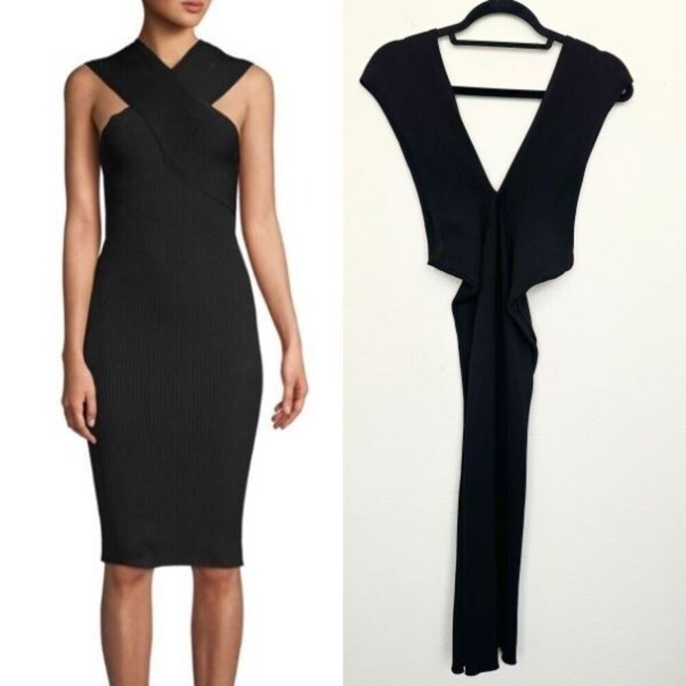 MAJE Rochester Ribbed Knit Dress In Black Knee Length Cocktail Stretch Women's 2